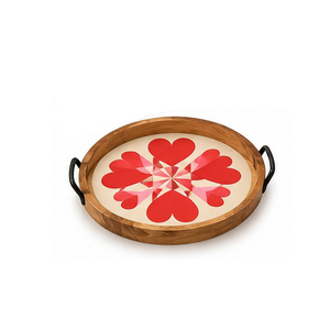 <b>Wood</b> Serving <b>Tray</b> With Blue Floral Pattern And Metal Handles Residential Use - Product Image 2