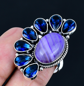 Bague de mariage traditionnelle en agate bleue en forme de fleur, bijou spécial, cadeau pour maman, plaqué argent 925 - Product Image 1
