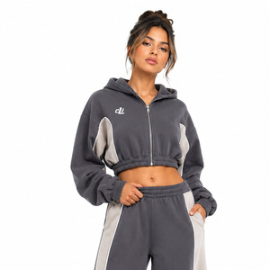 Ensemble de jogging en molleton épais à jambes larges avec panneaux contrastants personnalisés, gris foncé, comprenant un sweat à capuche court zippé, survêtement athleisure d'hiver pour femme - Product Image 4
