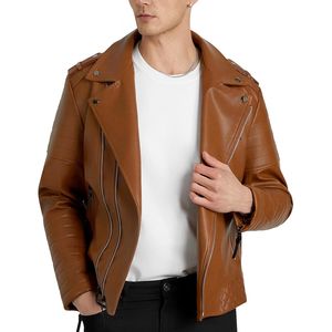 Men's Brown PU Leather Moto <b>Jacket</b> <b>Slim</b> <b>Fit</b> Turn-down Collar Zipper Closure Regular Sleeve Autumn Style - Product Image 3