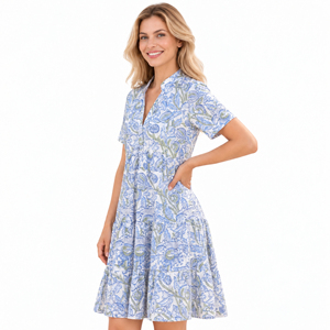 Vestido de verano con estampado floral azul para mujer, vestido informal de manga corta con cuello con muescas, corte en A, largo hasta la rodilla - Product Image 2