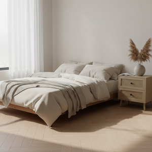 Table d'appoint moderne et écologique à 2 tiroirs, 5+ compartiments, en bois d'hévéa, MDF, placage de chêne et détails en rotin. Table de rangement pour salon - Product Image 4