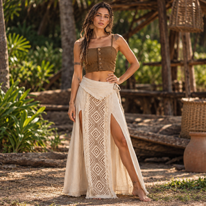 Wrap Maxi <b>Skirt</b> Womens <b>Boho</b> Ethnic Embroidered Fringe Side Slit|Tie Waist Flowy Beach Resort Vacation Summer Wear Bohemian Styl - Product Image 4