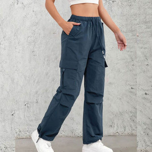 Pantalon cargo bleu marine pour femme, taille élastique avec cordon de serrage, plusieurs poches, décontracté, respirant, pour l'automne, en polyester tissé - Product Image 6