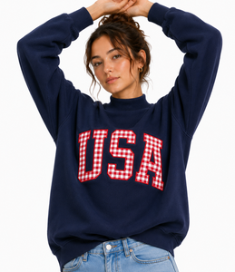Sudadera Oversize Personalizada para Mujer con Cuello Alto, 100% Algodón, Aplique de Letra Griega y Bordado a Cuadros, Suéter de Invierno - Product Image 5