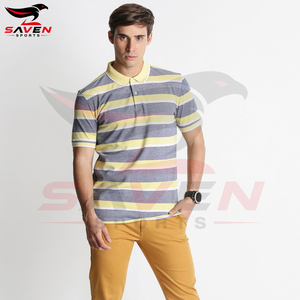 Polo rayé pour homme, fournisseur OEM ODM, manches courtes, jaune gris, coton, chemise de golf avec logo imprimé personnalisé - Product Image 2