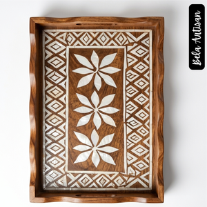 Plateau en bois Papdi artisanal Bela, incrustation nacre, motif floral, rectangulaire, pour servir des en-cas, plateau décoratif pour l'hôtellerie - Product Image 2