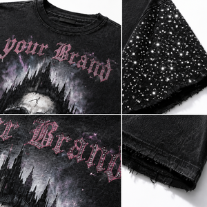 T-shirt unisexe court 100 % coton 260 GSM imprimé DTG avec motif en strass, streetwear épais, ourlet personnalisé vieilli - Product Image 4