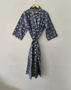 ชุดกิโมโนผ้าฝ้ายพิมพ์ลายฟล็อกสีน้ำเงินอินดิโกพรีเมียม แขนยาว สำหรับผู้หญิง ใส่สบายในฤดูร้อน เป็นมิตรกับสิ่งแวดล้อม ความยาวเต็มตัว - Product Image 4