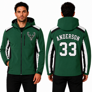 Men Custom Hooded Sports <b>Jacket</b> <b>With</b> Embroidered Team Emblem Back Name Number Softshell Wholesale OEM Clubs Teams Training - Product Image 2