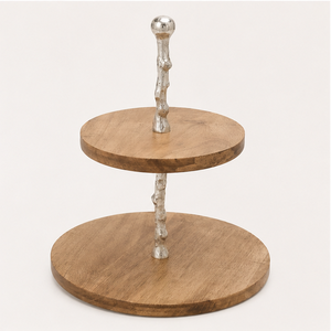 Support à gâteau à 2 niveaux en bois de manguier, support de présentation artisanal pour desserts et cupcakes avec poignée en aluminium pour mariage et fête - Product Image 4