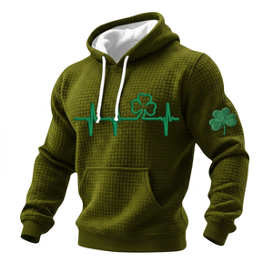 เสื้อฮู้ดดี้วาฟเฟิลสีแดงสำหรับผู้ชาย ปักลายโคลเวอร์ ECG ด้านหน้าและแขนเสื้อ สวมใส่สบายๆ ในฤดูใบไม้ร่วง - Product Image 3
