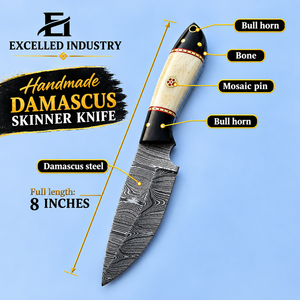 Cuchillo de Caza Recto de Acero de Damasco Hecho a Mano de la Mejor Calidad, con Hoja de Damasco y Funda de Cuero - Product Image 2