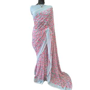 FANCY GEORGETTE PRINT WORK SAREE CON BLUSA SIN PUNTADO SKY - Product Image 1
