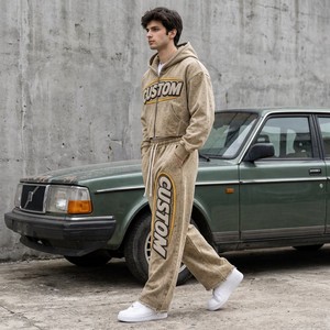 Conjunto Deportivo Premium Personalizado para Hombre con Pedrería y Chenilla, Sudadera con Cremallera Estilo Vintage Lavado Ácido y Pantalones Anchos, Ropa Urbana - Product Image 2