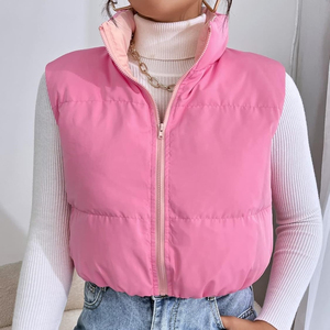 Gilet matelassé rose pour femme, col montant, fermeture éclair, couleur unie, décontracté, court, sans manches, veste d'extérieur automne-hiver - Product Image 2
