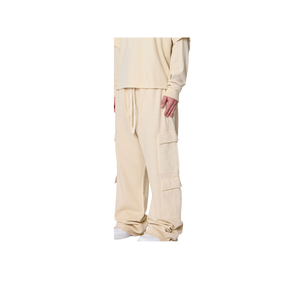 <b>Men's</b> <b>Cream</b> <b>Cargo</b> Pants Elastic Waist Multiple Pockets Casual Midweight Cotton Autumn Wear - Product Image 2