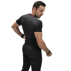<b>Black</b> Burgundy Men Short Sleeve Athletic T <b>Shirt</b> Contrast Seam Crew Neck Compression Slim Fit Training Workout Sports Gym <b>Tee</b> - Product Image 6