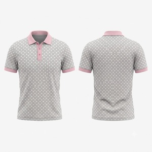 เสื้อโปโลผู้ชายสีเทา ขาว ชมพู ลายจุด แต่งขอบสีดำเรียบหรู แขนสั้น ผ้าฝ้ายลำลอง สำหรับเล่นกอล์ฟ ใส่สบายในฤดูร้อน - Product Image 1