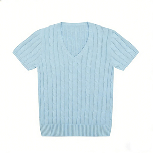 เสื้อยืดและเสื้อโปโลผู้หญิง สไตล์ Old Money คอวี สีพื้น ปักลายถัก เสื้อยืดผู้หญิง เสื้อโปโลผู้หญิง - Product Image 4