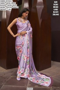 Blue Petal Grace Wedding Diwali <b>Satin</b> Crepe Wrinkle Free Moisture Wicking Saree - Product Image 4