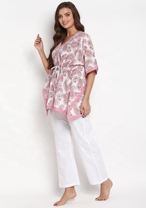 Kaftan floral imprimé à la main en tissu de coton doux et respirant robe pull d'été pour femmes décontractée à imprimé floral vert rose - Product Image 3