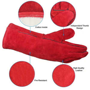Red Leather Mechanic <b>Gloves</b> With Insulated <b>Long</b> Cuff Heat Protection Industrial Quick Dry Outdoor Utility Leather <b>Gloves</b> - Product Image 5