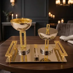 Luxurious <b>Silver</b> And Gold Metal Incense <b>Burner</b> Set On A Tray Featuring Intricate Textured Chain Links And Elegant Handles - Product Image 5