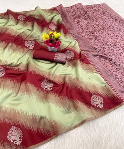 Sari en soie fantaisie avec bordure Mina Zari et fleurs, chemisier non cousu, tenue de fête, prix de gros, vêtement ethnique, bordeaux moderne - Product Image 1