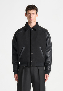 Men's Black Varsity <b>Jacket</b> Cotton Body Genuine Sheepskin Sleeves Turn-down Collar Casual Winter Wear Shearing Front - Product Image 3