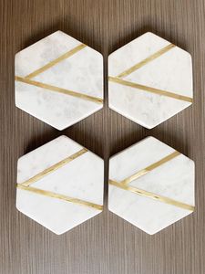 Modern Hexagon Stone Coasters With Gold Lines Non-Slip <b>Mats</b> For Table Decor - Product Image 1