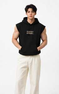 Hoodie sans manches en coton noir pour homme, coupe classique, avec logo frontal et poche kangourou - Product Image 3
