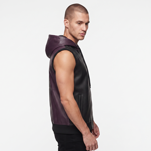 Hoodie sans manches en cuir pour homme, fermeture éclair, poches latérales, gilet à capuche en cuir, 100% cuir, hoodie sans manches pour garçons - Product Image 3