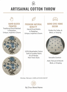 Manta de Sofá de Algodón de Lujo con Estampado Artesanal, Cubre Sofá Boho Hecho a Mano, Manta Decorativa con Borlas, Decoración Sostenible para Sala de Estar y Hogar - Product Image 6