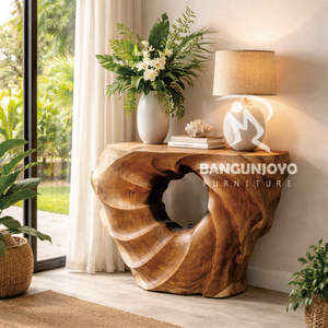 Mesa Consola Moderna de Madera Sólida con Centro Redondo, Diseño Contemporáneo, Ecológica, Duradera, Hecha a Mano para Sala de Estar - Product Image 4