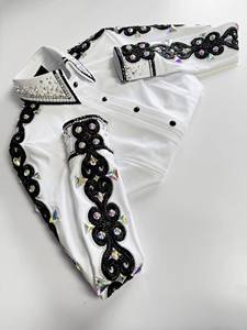 Handmade Cowgirl Western Show Shirt in White Printed on Stretch Taffeta <b>Fabric</b> for Equestrian Wear - Product Image 3