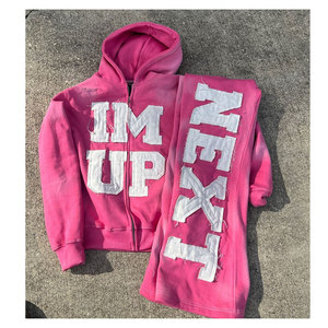 Conjunto de Sudadera con Capucha y Pantalones de Chándal con Cremallera, Estilo Desgastado, Parches y Lavado Ácido, de Moda, Casual, Estilo Urbano - Product Image 1