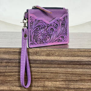 Cartera de mano de cuero genuino hecha a mano de primera calidad con cremallera, diseño floral morado, tarjetero, monedero estilo occidental - Product Image 4