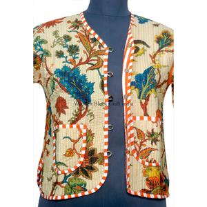 Indian Handmade 100% Cotton Knitted Printed Stripe Breathable Quilted <b>Jacket</b> <b>Short</b> Stylish Bohemian Women's Autumn Reversible - Product Image 4