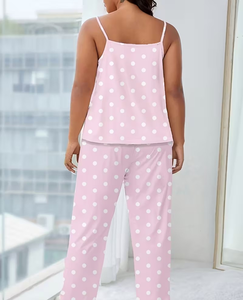 Women Pink Polka Dot Sleeveless Spaghetti Strap Pajama Set Knitted Soft Elastic Waist Full Length Sleepwear Casual Summer Wear - Product Image 3