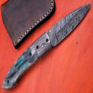 Couteau pliant en acier Damas, lame à pointe tombante, avec manche en marbre et étui en cuir, couteau de poche pour le camping en plein air - Product Image 2
