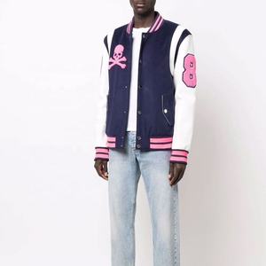 Veste universitaire classique en laine et cuir avec logo personnalisé pour hommes et femmes, col montant, noir et blanc, hiver, logo sur le devant, col rond - Product Image 2