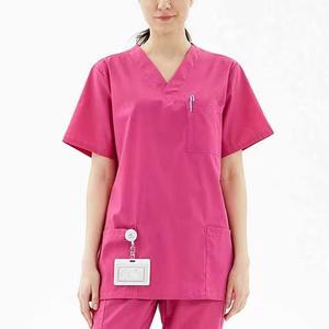 Women's Pink V-Neck <b>Scrub</b> <b>Set</b> with Pockets Hospital Uniform Spandex/Polyester Woven Fabric Needle Detection Seamless Fusing - Product Image 2