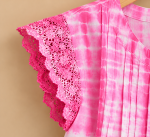 <b>Pink</b> Tie Dye Chiffon Blouse With <b>Lace</b> Cap Sleeves O-Neck Loose Fit Casual <b>Top</b> Women Spring Summer Wear - Product Image 5