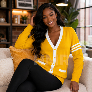 HMR Sorority Sisterhood Acrylic Yellow Knitted <b>Cardigan</b> V-Neck Long Sleeve Preppy Style Contrast Color <b>Button</b> - Product Image 3