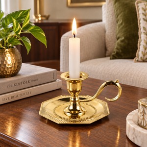 Gold Brass Chamberstick <b>Candle</b> Holder Handled Taper Stand Vintage Octagon <b>Dish</b> Base Candleholder Home Table Wedding Christmas - Product Image 2