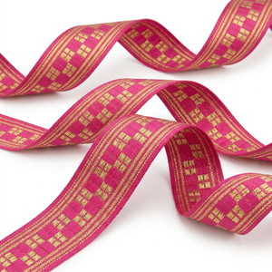 Neelkamal Industries 25mm Hot <b>Pink</b> Gold Zari Jacquard Ribbon Designer Trim for Bridal Wear Festive Decoration Bows & Gift <b>Wrap</b> - Product Image 1
