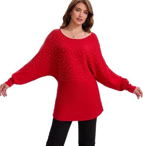 Pull en tricot surdimensionné rouge pour femme avec motif à pois pailletés, manches chauve-souris, col rond, haut long d'hiver - Product Image 2