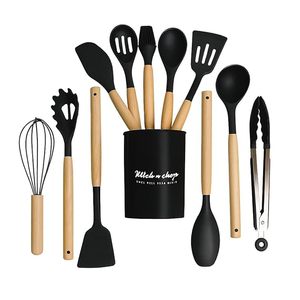 Ustensiles en silicone pour la cuisine et la pâtisserie - Ensemble de 12 pièces antiadhésives avec manche en bois, résistantes à la chaleur, outils de cuisine (noir) - Product Image 1