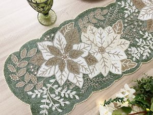 Handmade Luxury Eco-Friendly Christmas Fabric Table <b>Runner</b> <b>Green</b> Cream Embroidered Poinsettia Design Customized Shape Mats Pads - Product Image 4